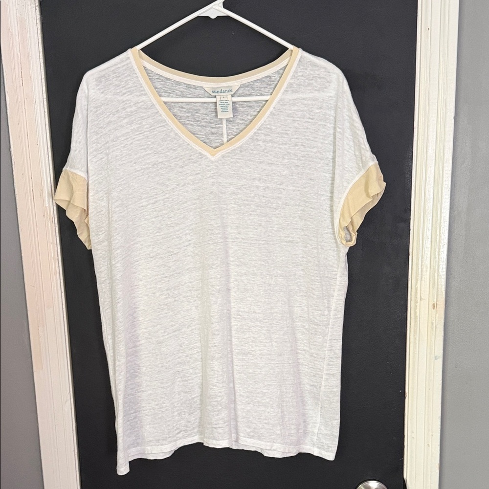 Sundance Linen Sheer Short Sleeve Top w/ Silk Trim Size: L